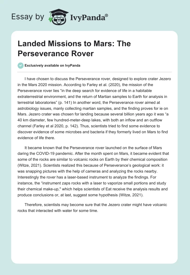 Landed Missions to Mars: The Perseverance Rover. Page 1