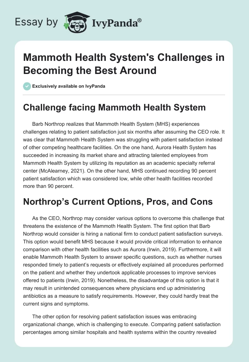 Mammoth Health System's Challenges in Becoming the Best Around. Page 1