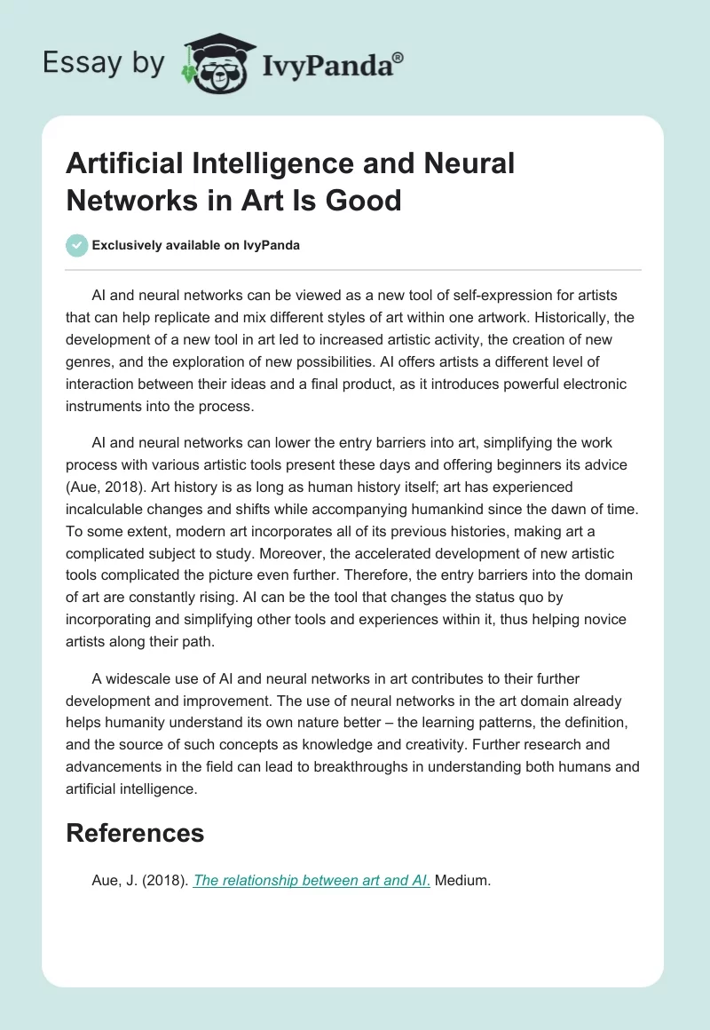 Artificial Intelligence and Neural Networks in Art Is Good. Page 1
