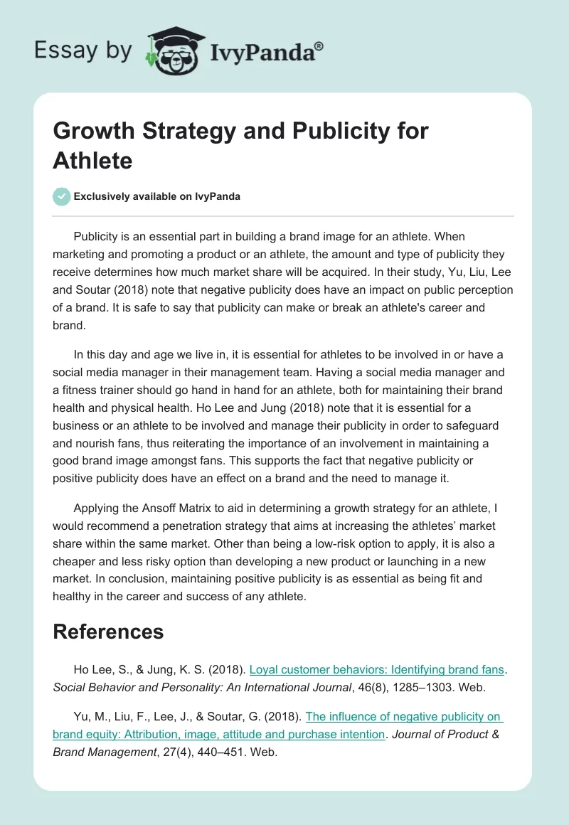 Growth Strategy and Publicity for Athlete. Page 1