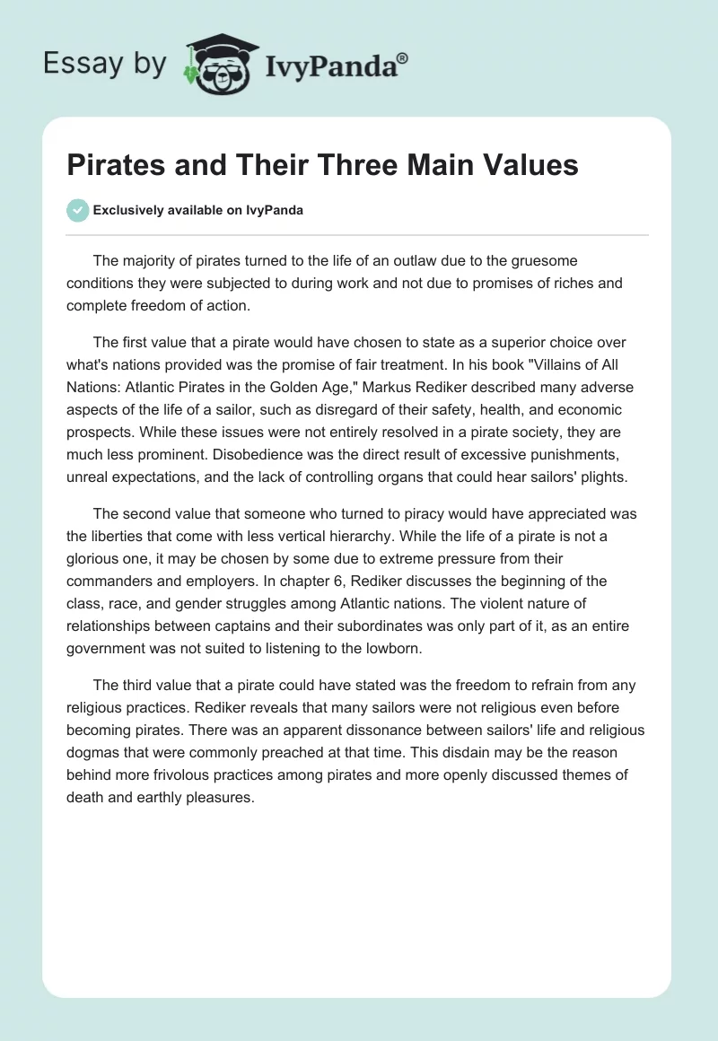 Pirates and Their Three Main Values. Page 1