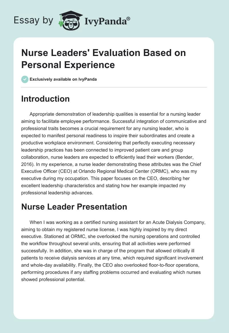 Nurse Leaders' Evaluation Based on Personal Experience. Page 1
