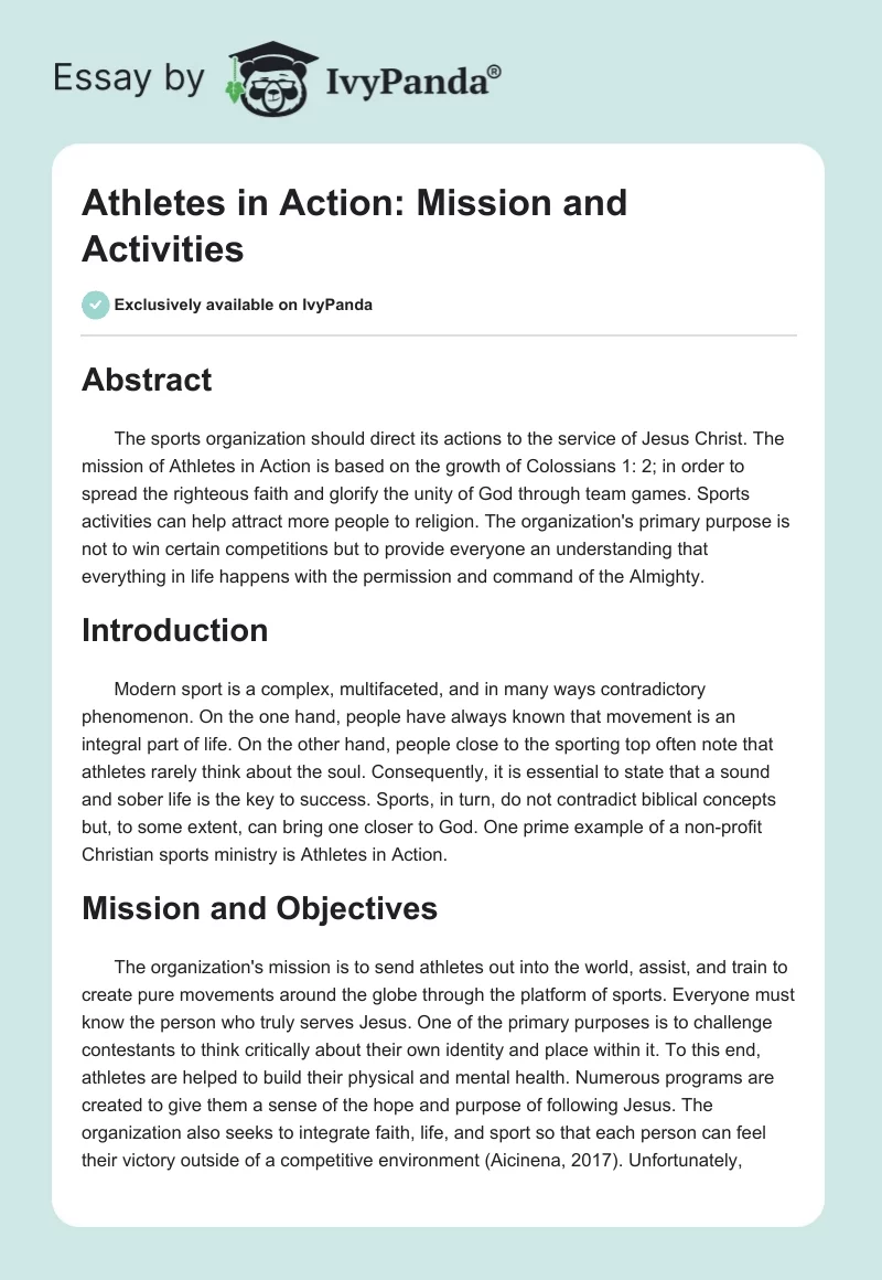 Athletes in Action: Mission and Activities. Page 1