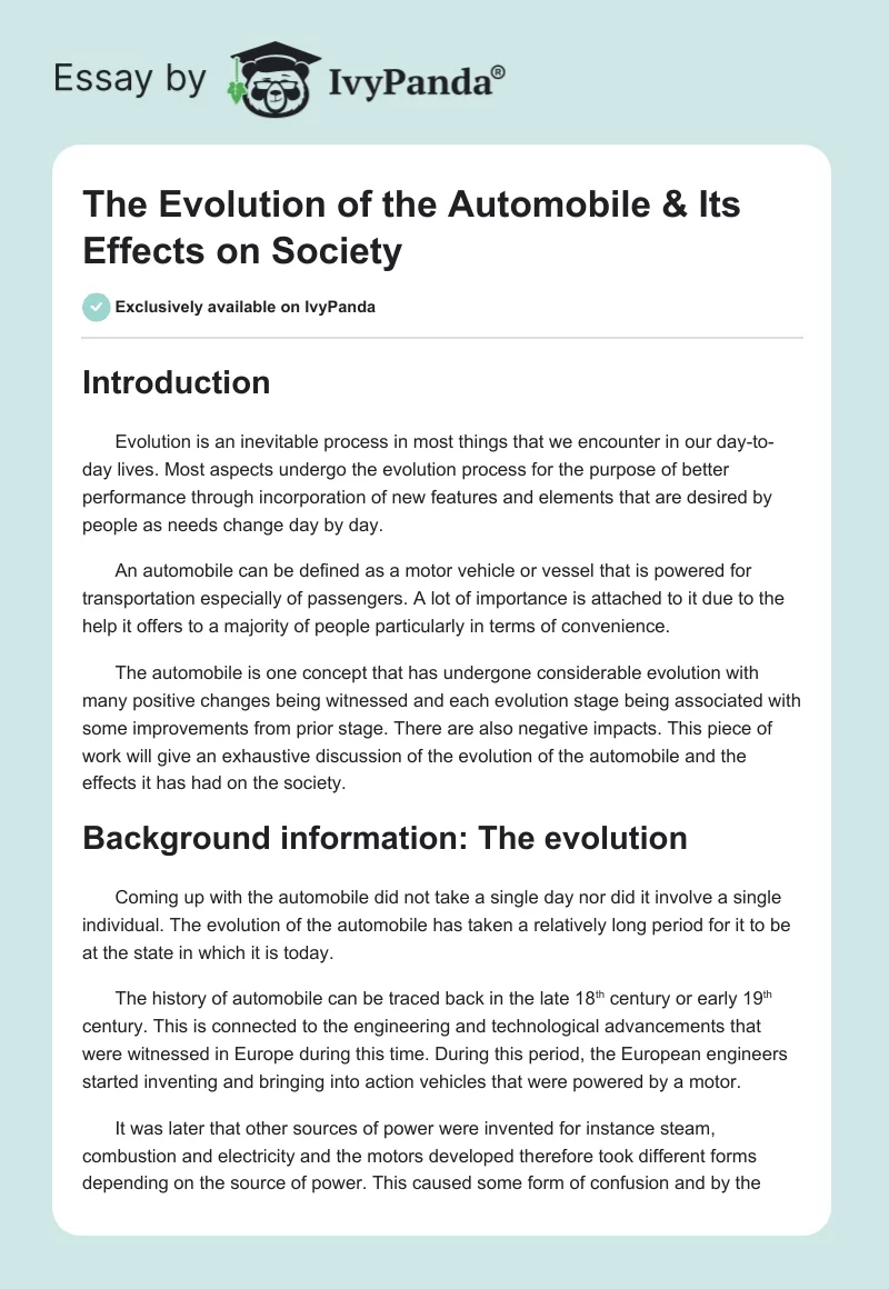 The Evolution of the Automobile & Its Effects on Society. Page 1