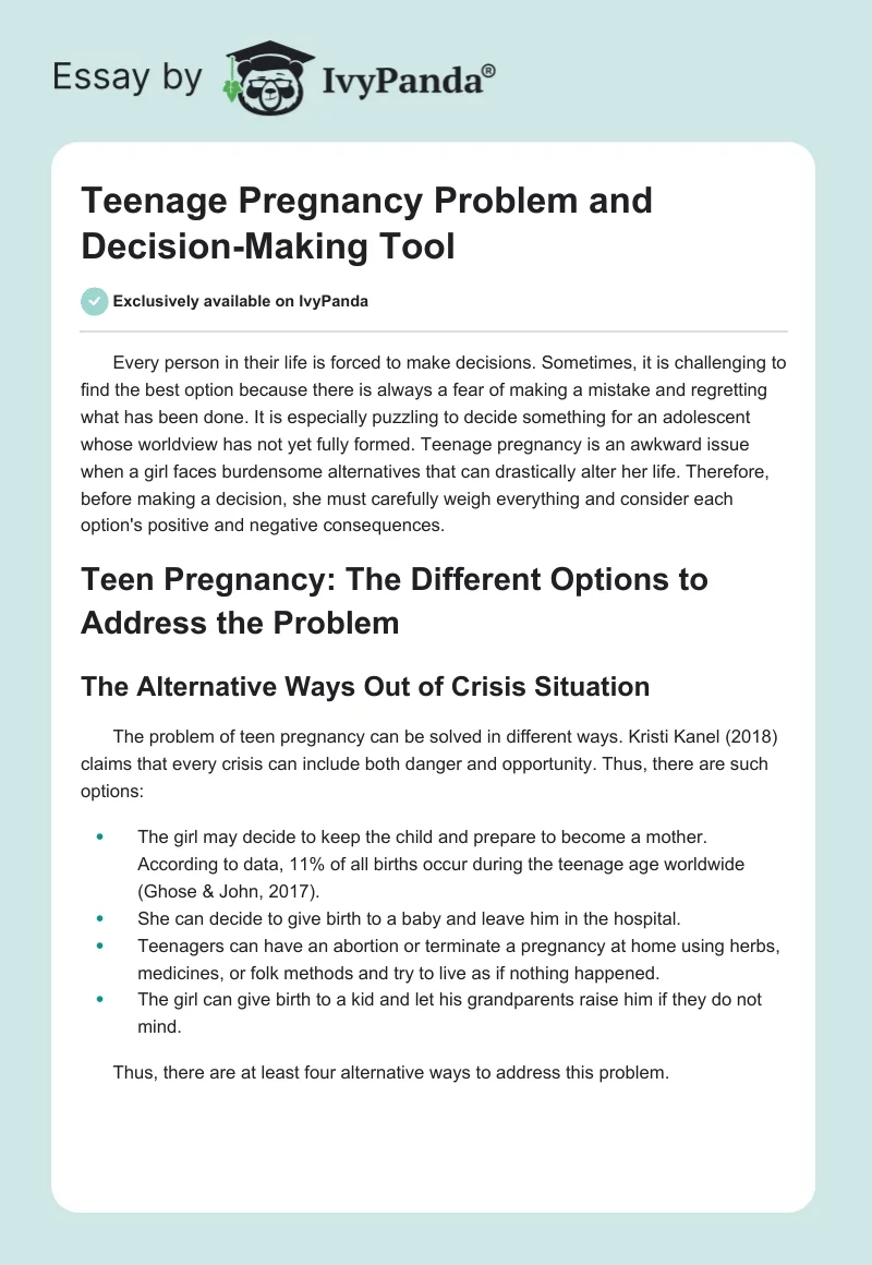 Teenage Pregnancy Problem and Decision-Making Tool. Page 1
