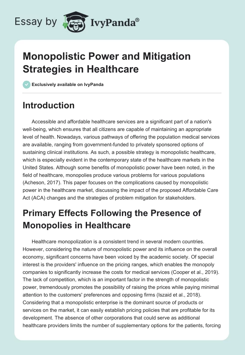 Monopolistic Power and Mitigation Strategies in Healthcare. Page 1