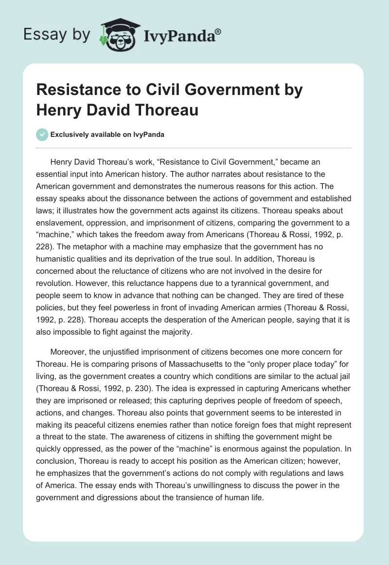 "Resistance to Civil Government" by Henry David Thoreau. Page 1