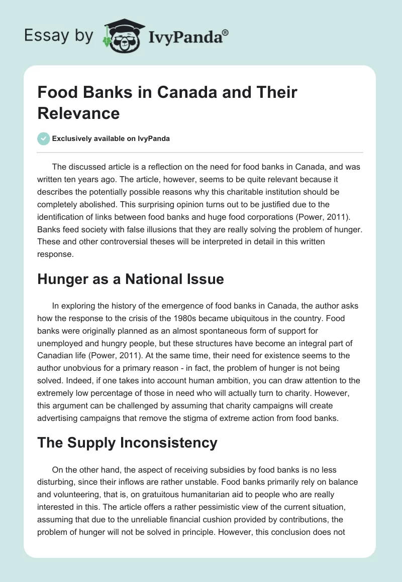 Food Banks in Canada and Their Relevance. Page 1