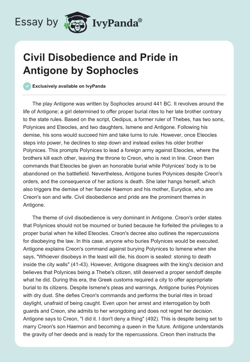 Civil Disobedience and Pride in "Antigone" by Sophocles. Page 1
