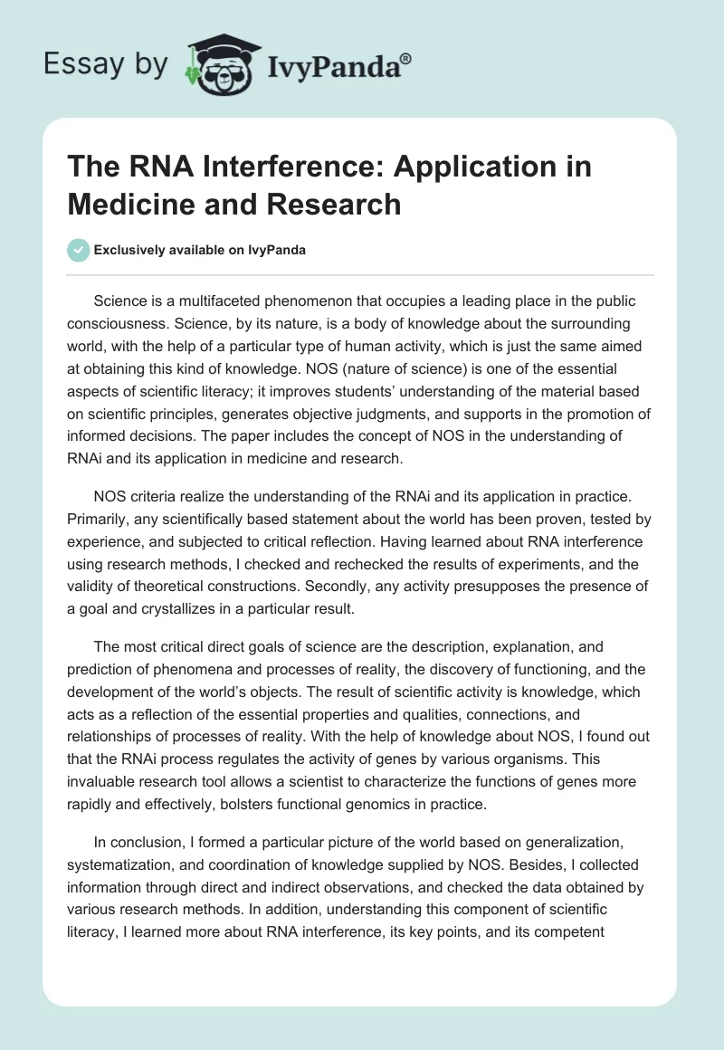 The RNA Interference: Application in Medicine and Research. Page 1