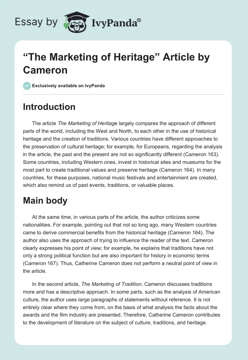 “The Marketing of Heritage” Article by Cameron. Page 1