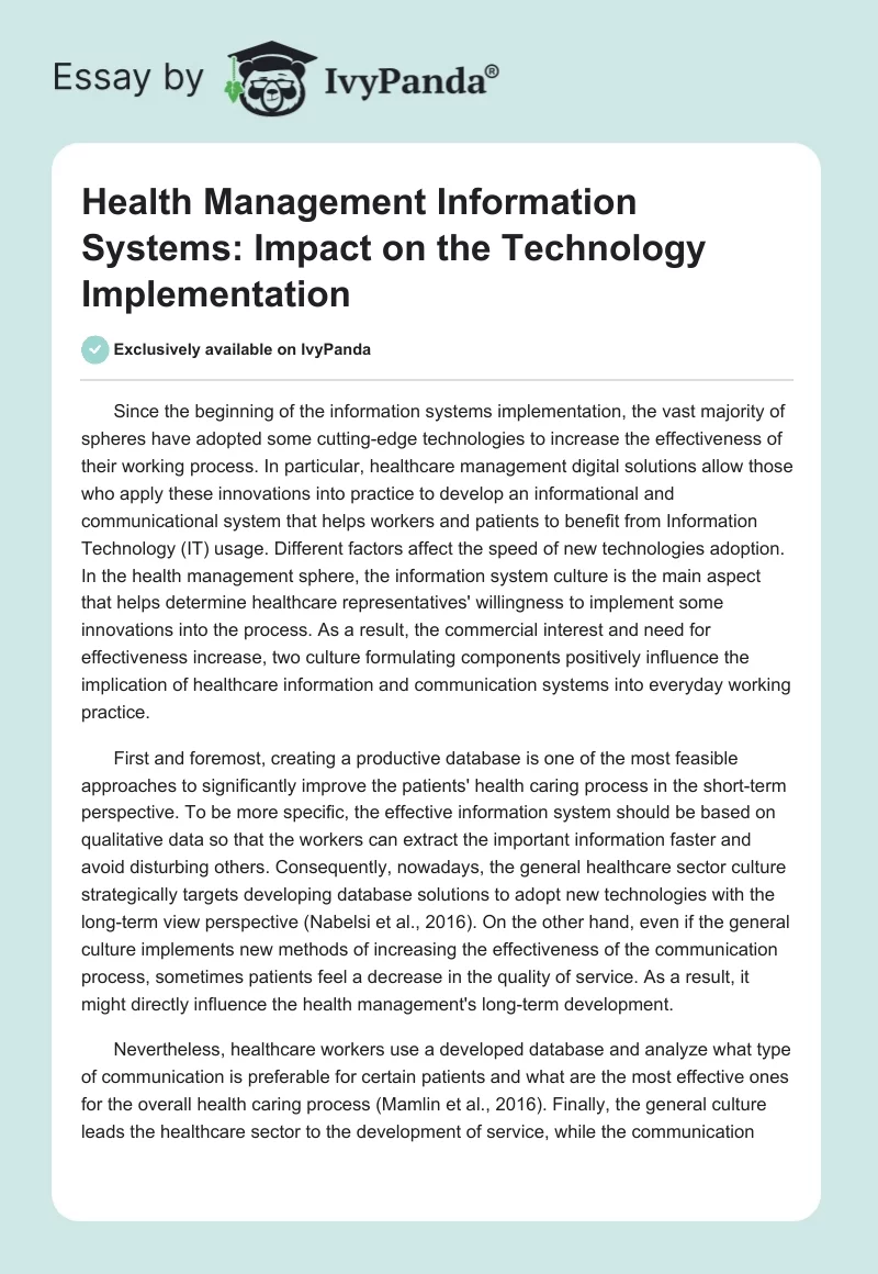 Health Management Information Systems: Impact on the Technology Implementation. Page 1