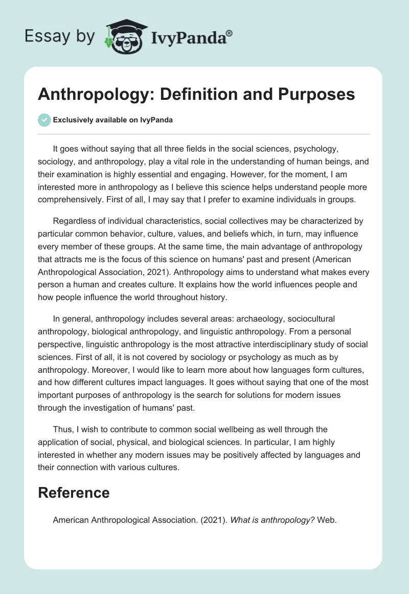Anthropology: Definition and Purposes. Page 1
