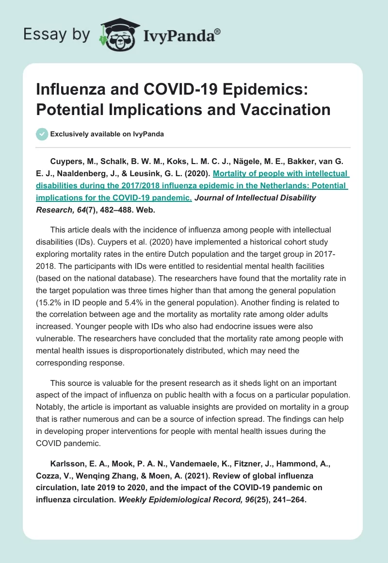 Influenza and COVID-19 Epidemics: Potential Implications and Vaccination. Page 1