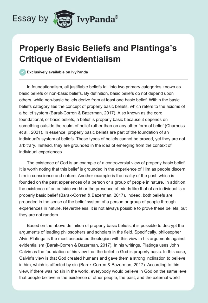 Properly Basic Beliefs and Plantinga’s Critique of Evidentialism. Page 1