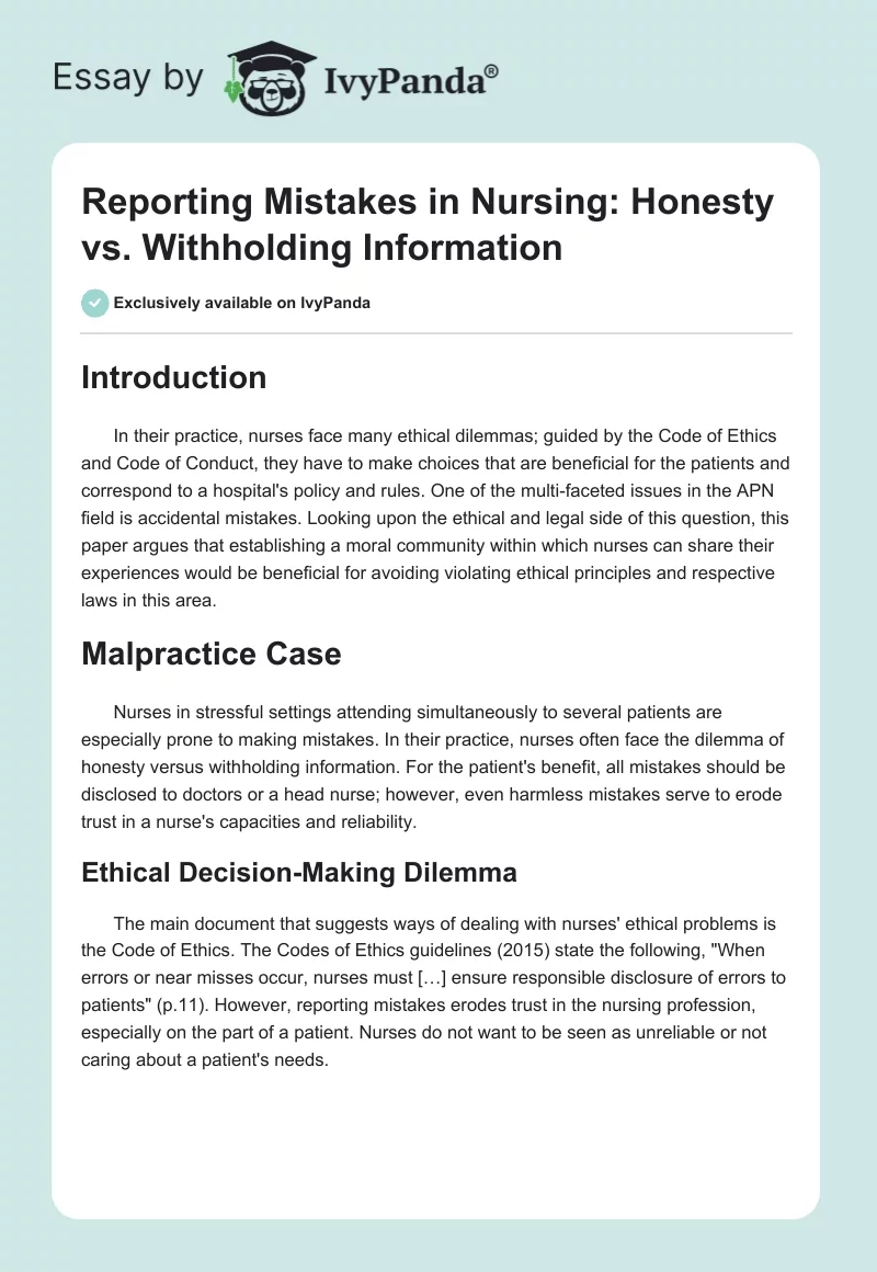 Reporting Mistakes in Nursing: Honesty vs. Withholding Information. Page 1