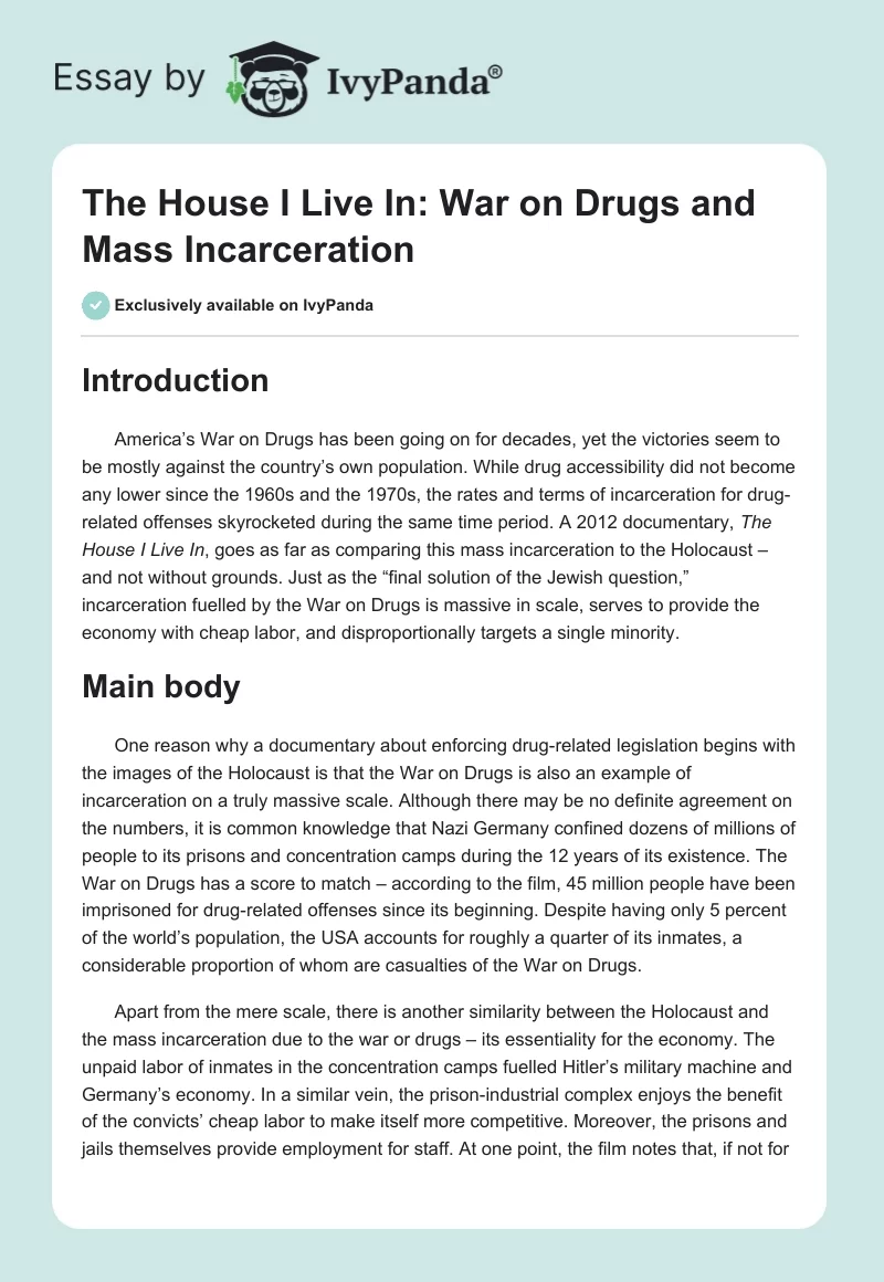 The House I Live In: War on Drugs and Mass Incarceration. Page 1