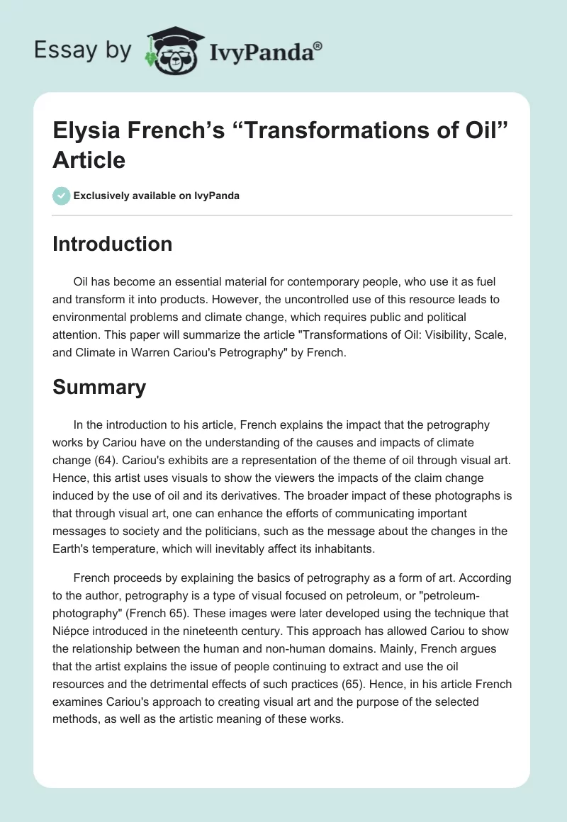 Elysia French’s “Transformations of Oil” Article. Page 1
