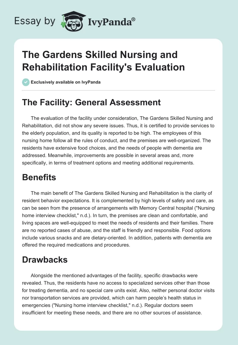 The Gardens Skilled Nursing and Rehabilitation Facility's Evaluation. Page 1