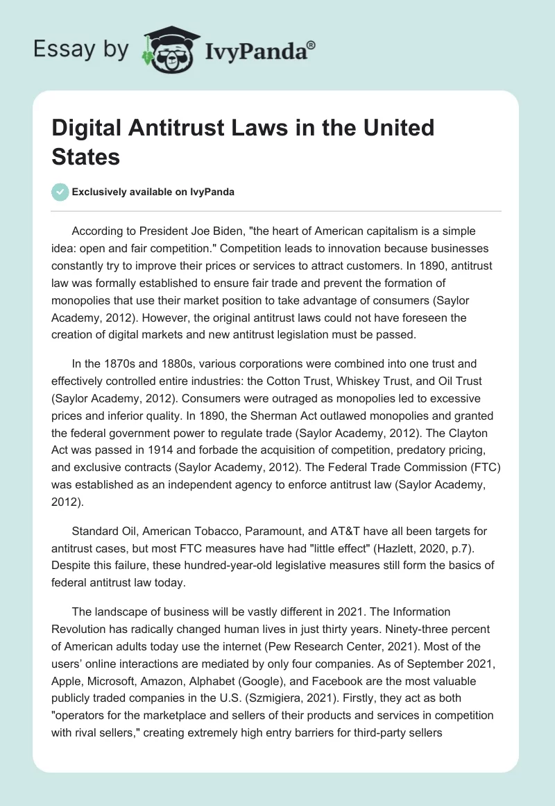 Digital Antitrust Laws in the United States. Page 1
