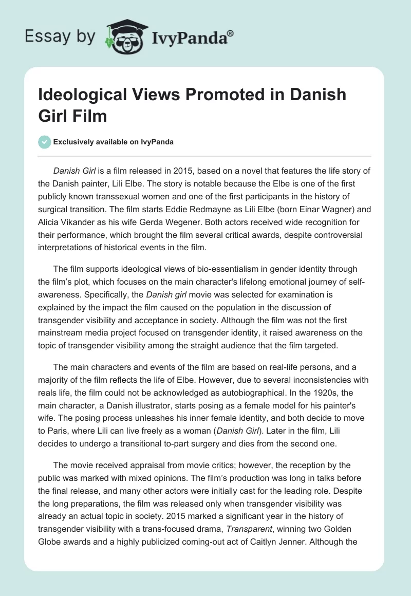 Ideological Views Promoted in Danish Girl Film. Page 1