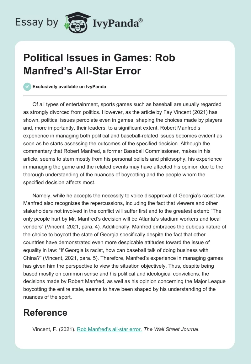 Political Issues in Games: Rob Manfred’s All-Star Error. Page 1