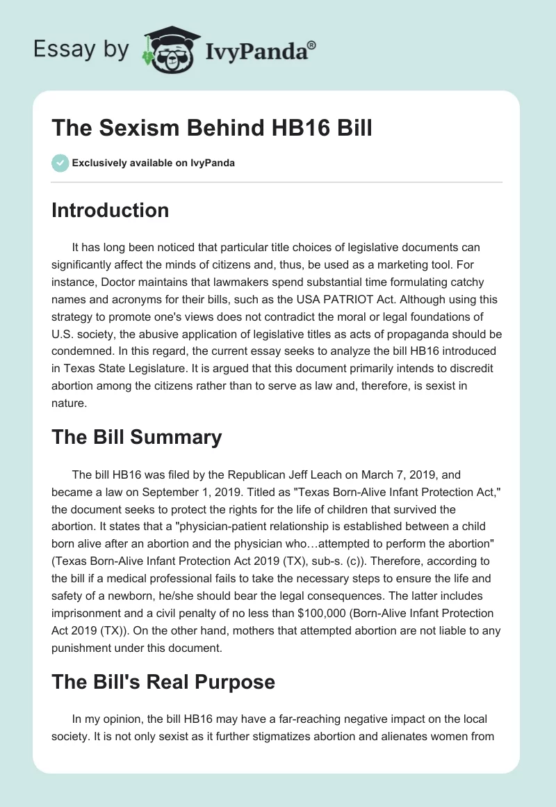 The Sexism Behind HB16 Bill. Page 1