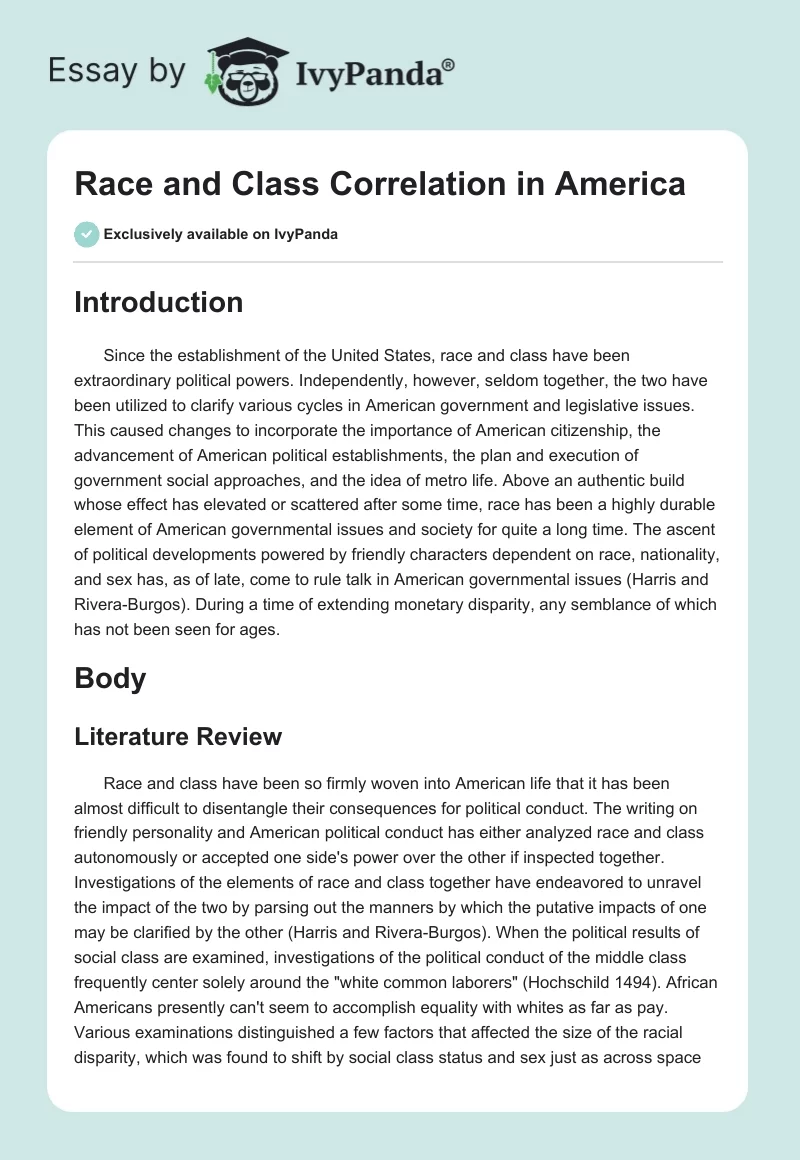 Race and Class Correlation in America. Page 1