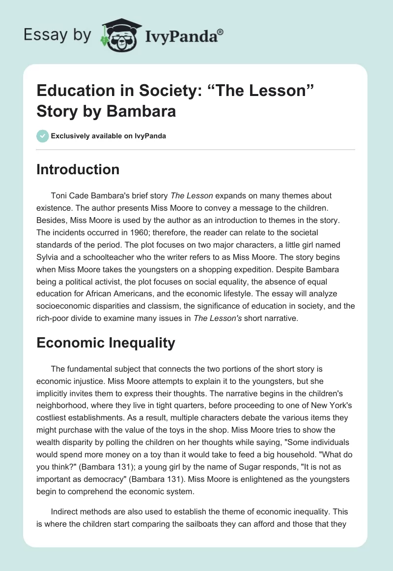 Education in Society: “The Lesson” Story by Bambara. Page 1