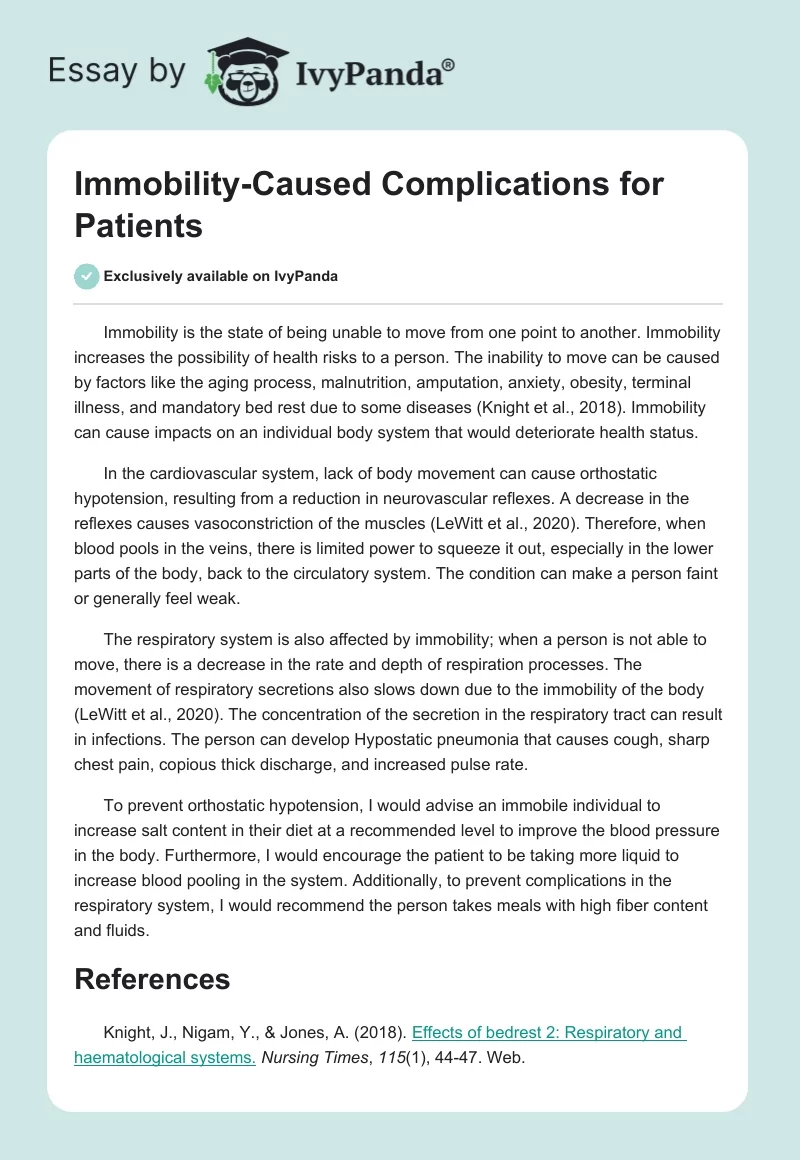 Immobility-Caused Complications for Patients. Page 1