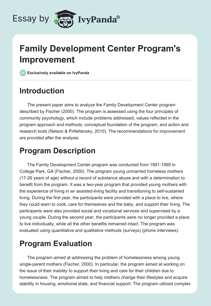 Family Development Center Program's Improvement. Page 1