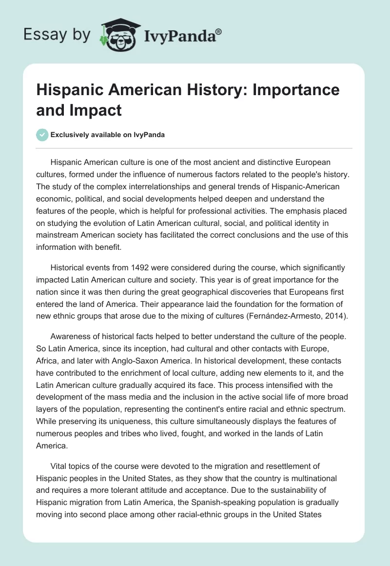 Hispanic American History: Importance and Impact. Page 1