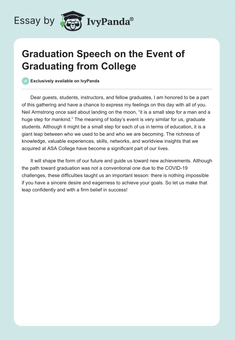 Graduation Speech on the Event of Graduating from College. Page 1