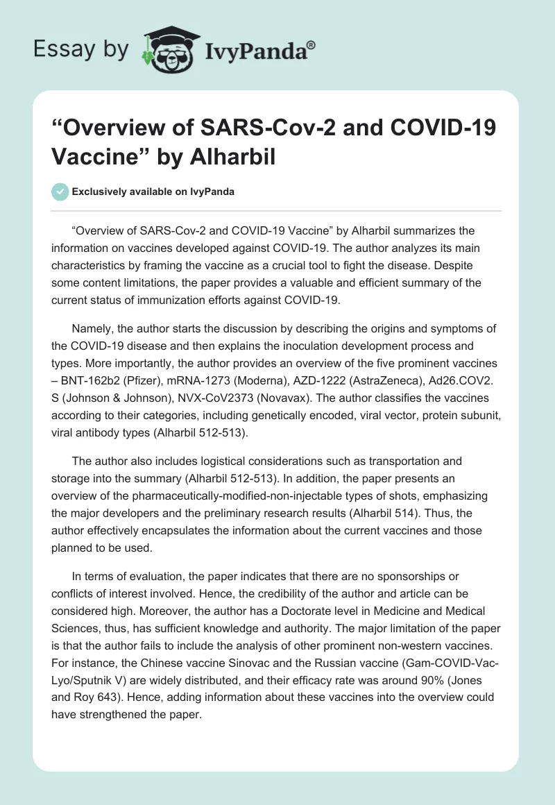 “Overview of SARS-Cov-2 and COVID-19 Vaccine” by Alharbil. Page 1