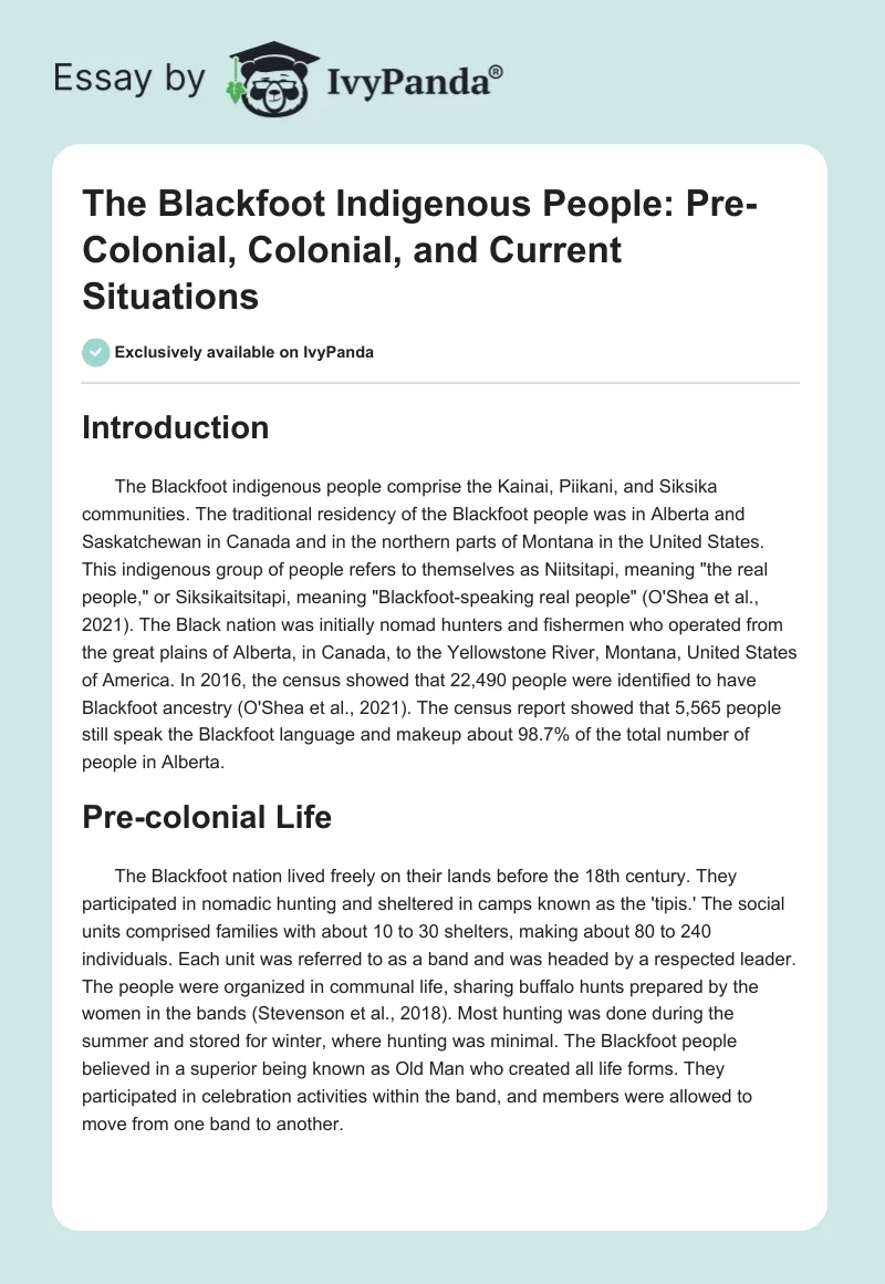 The Blackfoot Indigenous People: Pre-Colonial, Colonial, and Current Situations. Page 1