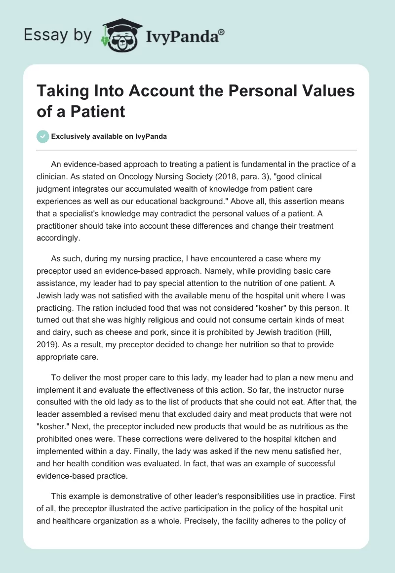 Taking Into Account the Personal Values of a Patient. Page 1