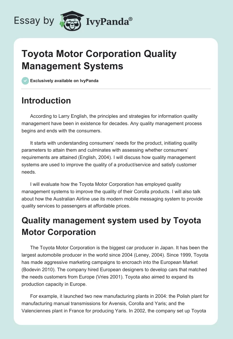 Toyota Motor Corporation Quality Management Systems. Page 1