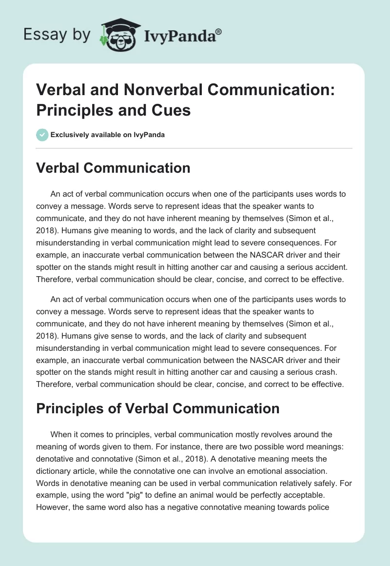 Verbal and Nonverbal Communication: Principles and Cues. Page 1