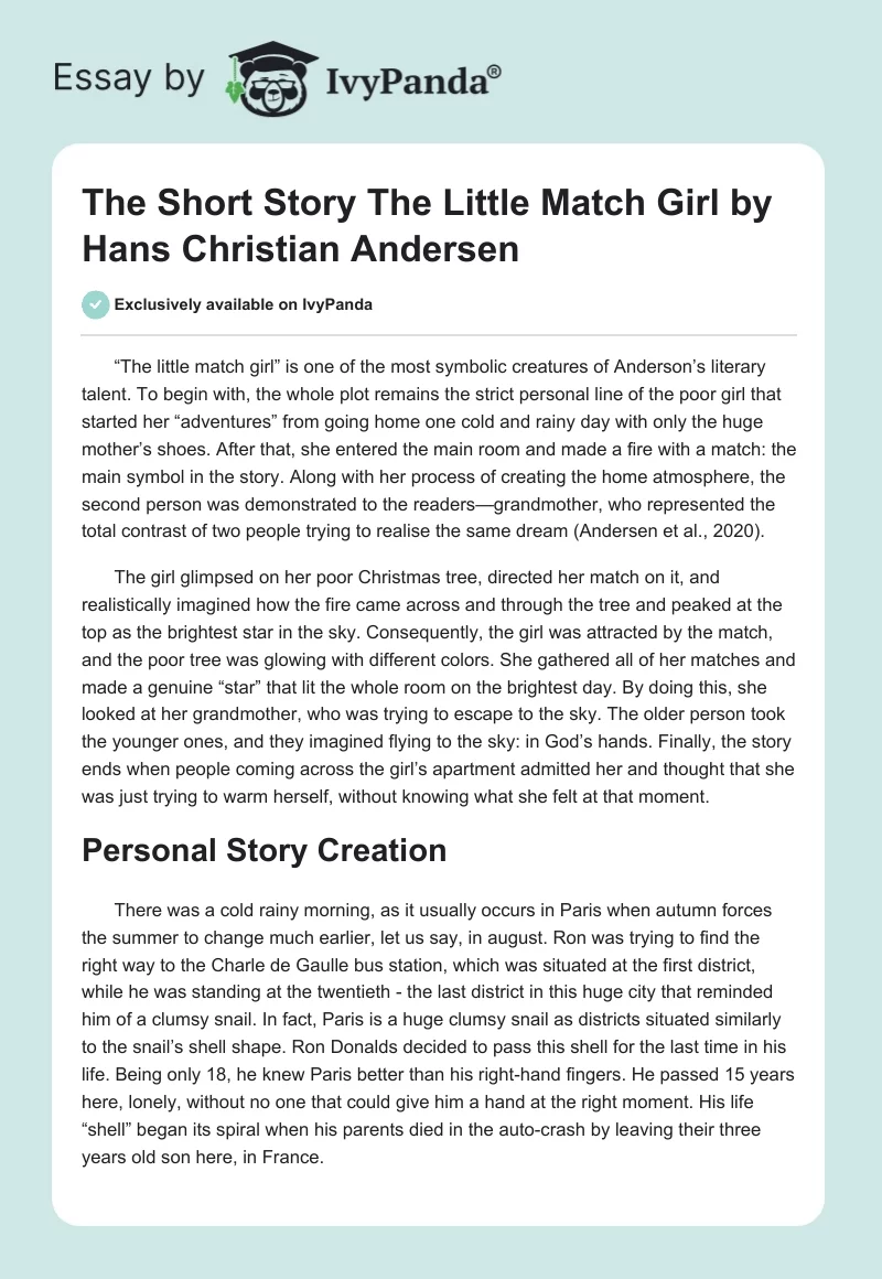 The Short Story "The Little Match Girl" by Hans Christian Andersen. Page 1