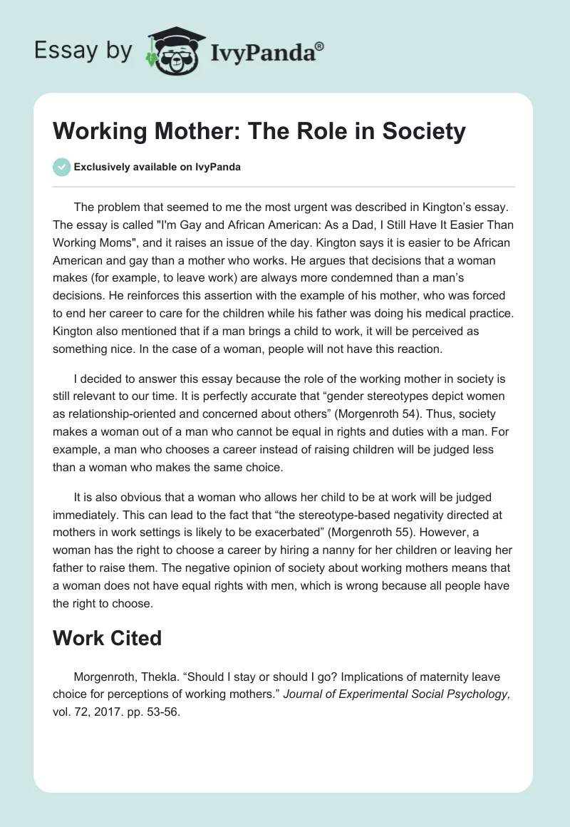 Working Mother: The Role in Society. Page 1