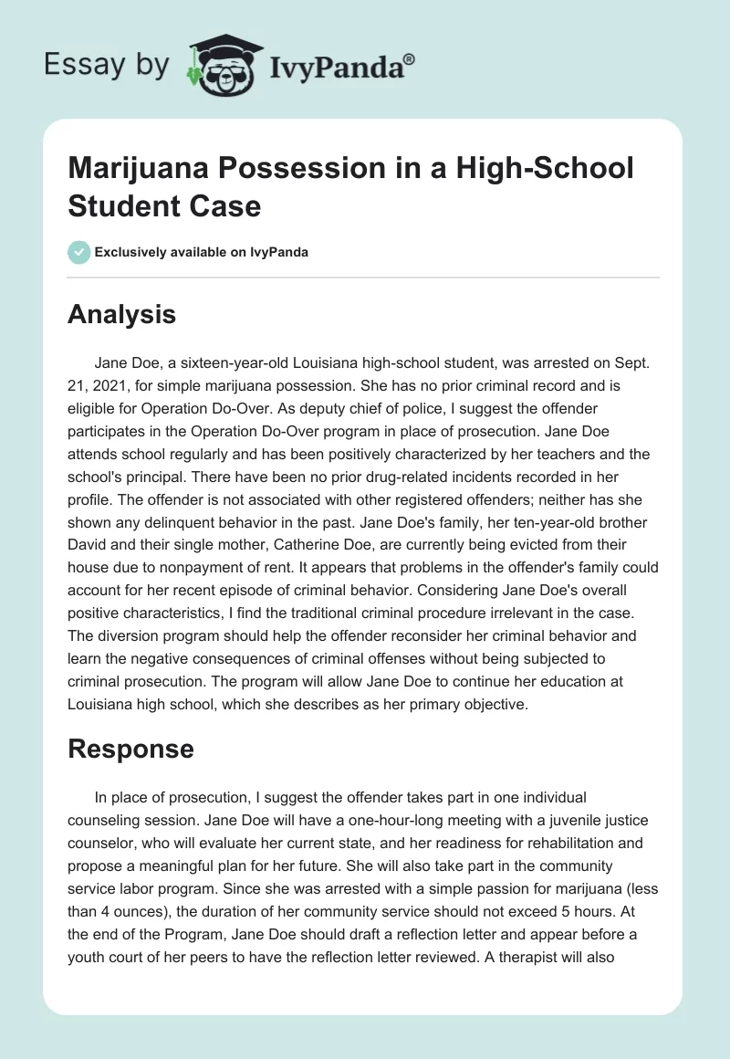 Marijuana Possession in a High-School Student Case. Page 1