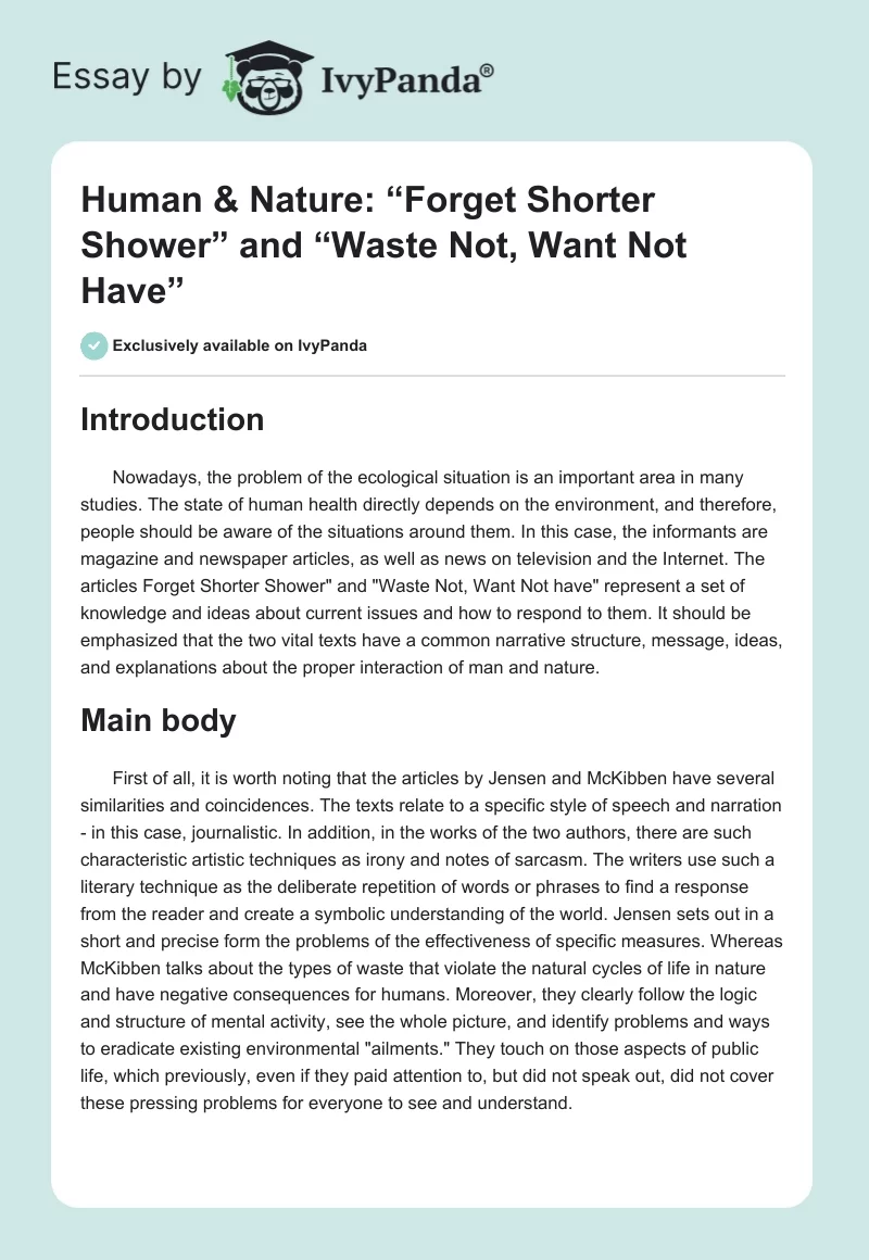 Human & Nature: “Forget Shorter Shower” and “Waste Not, Want Not Have”. Page 1