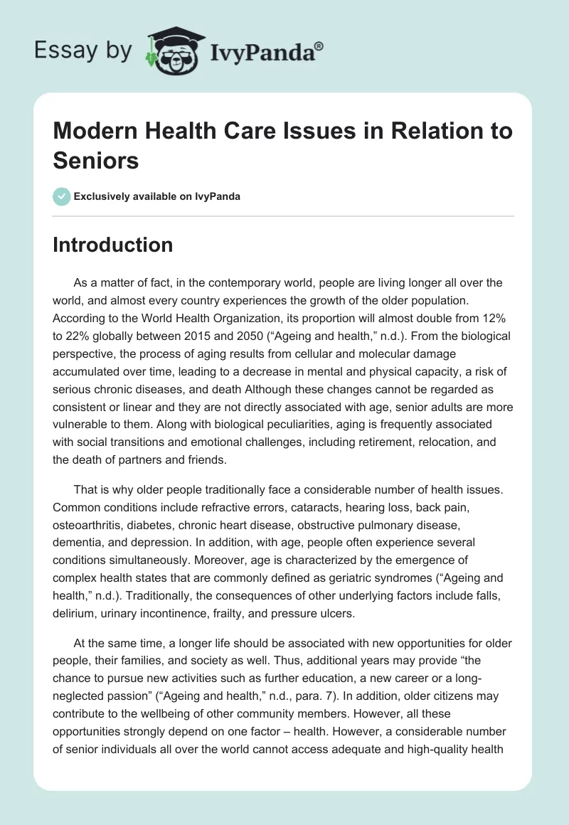Modern Health Care Issues in Relation to Seniors. Page 1