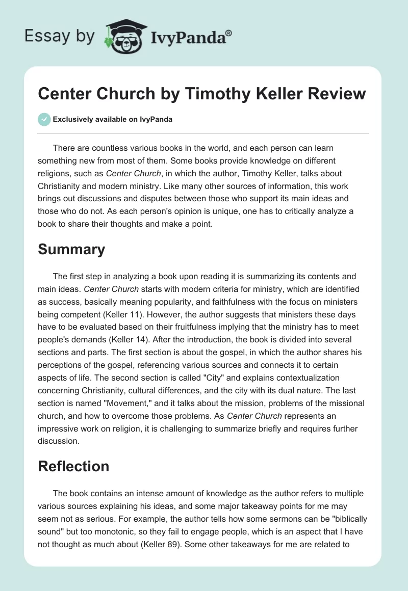 Center Church by Timothy Keller Review. Page 1