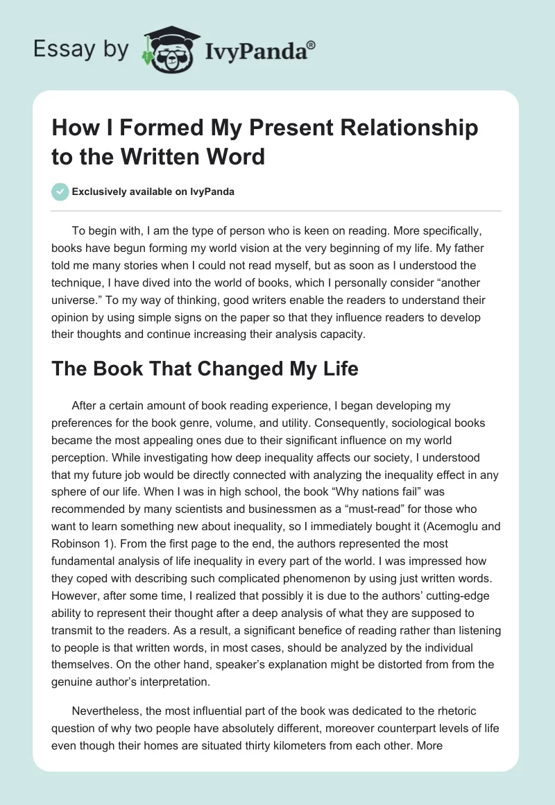 How I Formed My Present Relationship to the Written Word. Page 1