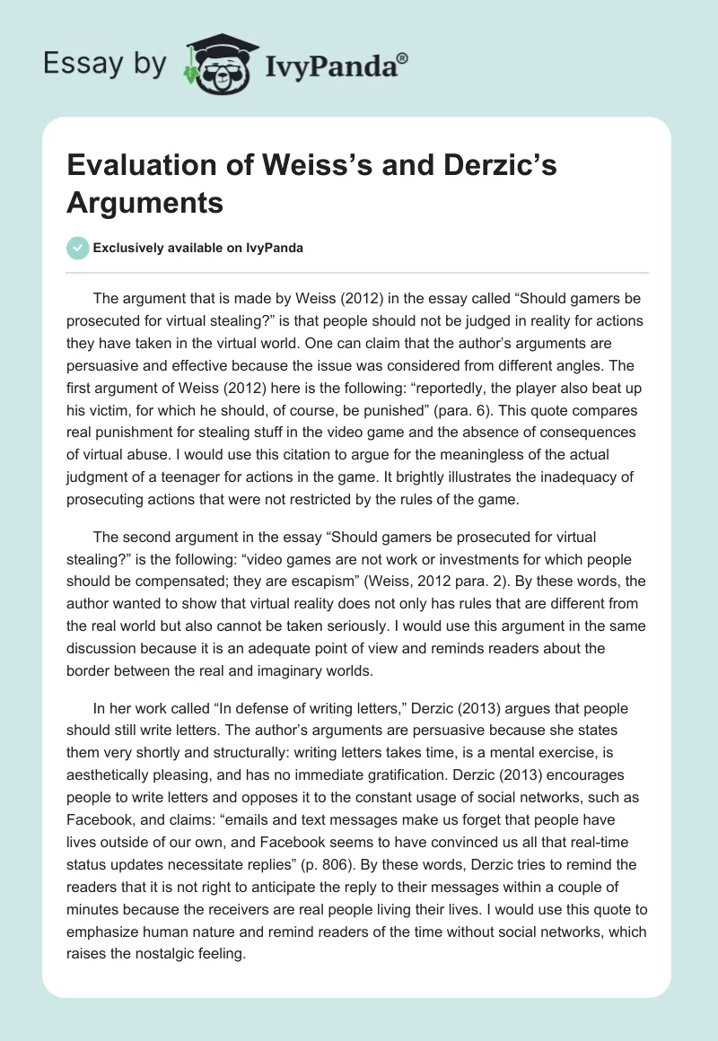 Evaluation of Weiss’s and Derzic’s Arguments. Page 1