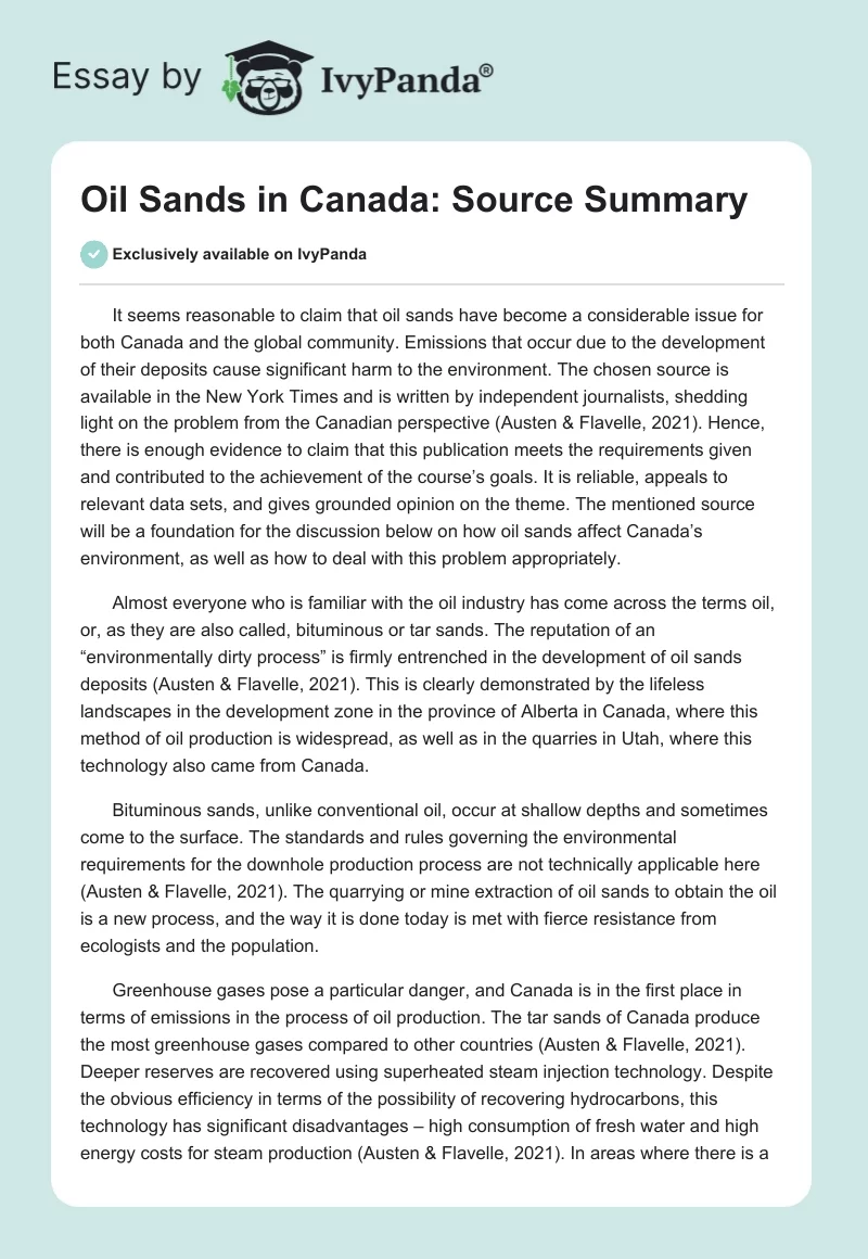 Oil Sands in Canada: Source Summary. Page 1