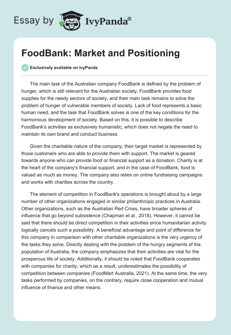FoodBank: Market and Positioning. Page 1