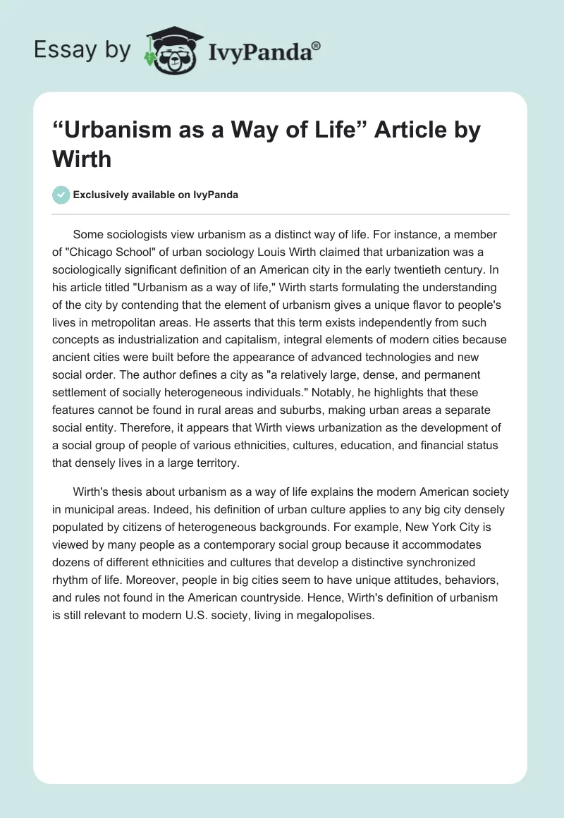 “Urbanism as a Way of Life” Article by Wirth. Page 1