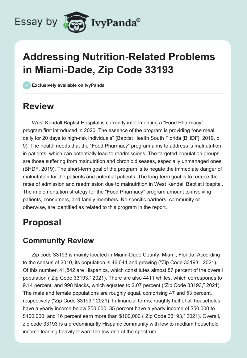 Addressing Nutrition-Related Problems in Miami-Dade, Zip Code 33193. Page 1